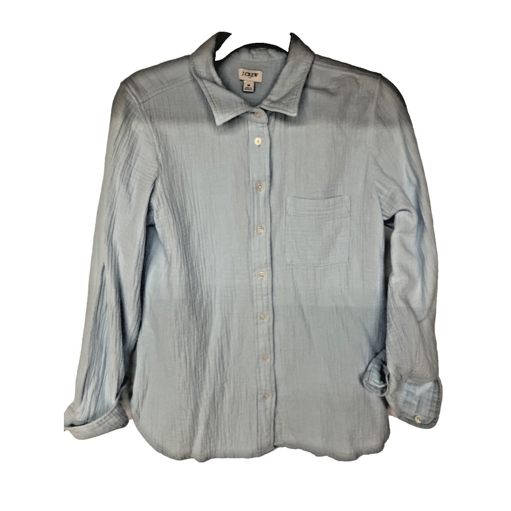J. Crew Gauze Button Up Shirt Womens M Sof Sky Blue Crinkle Cotton Beach Coastal